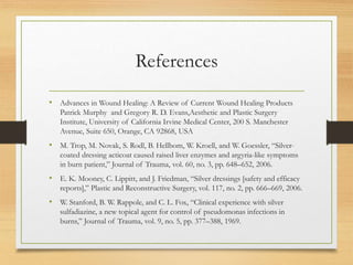 References
• Advances in Wound Healing: A Review of Current Wound Healing Products
Patrick Murphy and Gregory R. D. Evans,Aesthetic and Plastic Surgery
Institute, University of California Irvine Medical Center, 200 S. Manchester
Avenue, Suite 650, Orange, CA 92868, USA
• M. Trop, M. Novak, S. Rodl, B. Hellbom, W. Kroell, and W. Goessler, “Silver-
coated dressing acticoat caused raised liver enzymes and argyria-like symptoms
in burn patient,” Journal of Trauma, vol. 60, no. 3, pp. 648–652, 2006.
• E. K. Mooney, C. Lippitt, and J. Friedman, “Silver dressings [safety and efficacy
reports],” Plastic and Reconstructive Surgery, vol. 117, no. 2, pp. 666–669, 2006.
• W. Stanford, B. W. Rappole, and C. L. Fox, “Clinical experience with silver
sulfadiazine, a new topical agent for control of pseudomonas infections in
burns,” Journal of Trauma, vol. 9, no. 5, pp. 377–388, 1969.
 