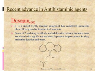 Recent advance in Antihistaminic agents
Doxepin(60)
 It is a mixed H1/H2 receptor antagonist has completed successful
phase III program for treatment of insomnia.
 Doses of 3 and 6mg in elderly and adults with primary insomnia were
associated with significant and dose dependent improvements in sleep
maintains duration and onset.
21Department of Pharmaceutical Chemistry
 