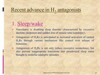 Recent advance in H3 antagonists
1. Sleep/wake
 Narcolepsy is disabling sleep disorder characterized by excessive
daytime sleepiness and sudden loss of muscle tone (catalepsy).
 Antagonism of H3Rs is anticipated to increased activation of central
H1Rs through various mechanism like control over release of
histamine.
 Antagonism of H3Rs is not only reduce excessive somnolence, but
also prevent inappropriate transitions into paradoxical sleep states
thought to underlie cataleptic episodes.
27Department of Pharmaceutical Chemistry
 