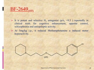 BF-2649(69)
 It is potent and selective H3 antagonist (pA2 =9.5 ) reportedly in
clinical trials for cognitive enhancement, appetite control,
schizophrenia and antiepileptic activity.
 At 5mg/kg i.p., it reduced Methamphetamine a induced motor
hyperactivity.
30Department of Pharmaceutical Chemistry
 