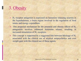3. Obesity
 H3 receptor antagonist is expressed on histamine releasing neurons in
the hypothalamus, a brain region involved in the regulation of food
intake and energy expenditure.
 One proposed mechanism for the potential anti obesity effects of H3
antagonists involves enhanced histamine release, resulting in
increased stimulation of H1 receptors.
 This concept is supported by a suggested link between blockage of H1
associated with the clinical use of atypical antipsychotics and over
weight gain with the clinical use of these agents.
33Department of Pharmaceutical Chemistry
 