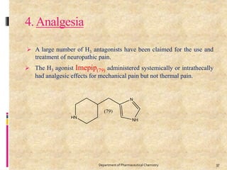4.Analgesia
 A large number of H3 antagonists have been claimed for the use and
treatment of neuropathic pain.
 The H3 agonist Imepip(79) administered systemically or intrathecally
had analgesic effects for mechanical pain but not thermal pain.
37Department of Pharmaceutical Chemistry
 