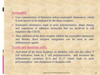 Department of Pharmaceutical Chemistry 45
Eosinophil:
 Low concentration of histamine induce eosinophil chemotaxis, which
is now known to be mediated by the these receptors.
 Eosinophil chemotaxis leads to actin polymerisation, shape change
and expression of adhesion molecules that are involved in cell
migration like CD11b.
 Thus inhibiton of the these receptor inhibits the eosinophil chemotaxis
and thereby these receptor antagonists can be used as anti-
inflammatory agents.
T-cells and dendritic cells:
 Activation of the these receptors on dendritic cells can also affect T
cell activation, leads to T cell polymerization, and increases the
inflammatory cytokines IL-6 and IL-17 which leads to actin
polymerisation and chemotaxis of dendritic cells.
 