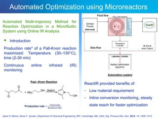 Automated Optimization using Microreactors
                                                                                       Fluid flow

Automated Multi-trajectory Method for
Reaction Optimization in a Microfluidic
                                                                           (Harvard)
System using Online IR Analysis

     Introduction
 Production rate* of a Pall-Knorr reaction                                      Data flow

 maximized: Temperature (30–130°C),
 time (2-30 min)
 Continuous               online          infrared           (IR)
 monitoring
                                                                                                Automation system

                         Paal –Knorr Reaction
                                                                          ReactIR provided benefits of:
                                                                          - Low material requirement
                                                                          - Inline conversion monitoring, steady
                                                                               state reach for faster optimization

Jason S. Moore, Klavs F. Jensen; Department of Chemical Engineering, MIT, Cambridge, MA, USA, Org. Process Res. Dev. 2012, 16, 1409−1415
 
