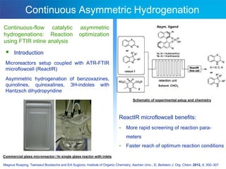 Continuous Asymmetric Hydrogenation
Continuous-flow catalytic                        asymmetric                                          Asym. ligand

hydrogenations: Reaction                         optimization
using FTIR inline analysis

      Introduction
 Microreactors setup coupled with ATR-FTIR
 microflowcell (ReactIR)
 Asymmetric hydrogenation of benzoxazines,
 quinolines, quinoxalines, 3H-indoles with                                                            Solvent: CHCl3

 Hantzsch dihydropyridine
                                                                                     Schematic of experimental setup and chemistry




                                                                            ReactIR microflowcell benefits:
                                                                            - More rapid screening of reaction para-
                                                                                 meters
                                                                            - Faster reach of optimum reaction conditions
Commercial glass microreactor / In single glass reactor with inlets

Magnus Rueping, Teerawut Bootwicha and Erli Sugiono; Institute of Organic Chemistry, Aachen Univ., D, Beilstein J. Org. Chem. 2012, 8, 300–307
 