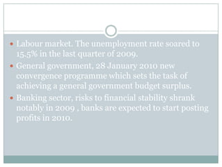 Labour market. The unemployment rate soared to 15.5% in the last quarter of 2009.General government, 28 January 2010 new convergence programme which sets the task of achieving a general government budget surplus.Banking sector, risks to financial stability shrank notably in 2009 , banks are expected to start posting profits in 2010.