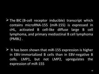  The BIC (B-cell receptor inducible) transcript which
  contains microRNA-155 (miR-155) is expressed in
  cHL, activated B cell-like diffuse large B cell
  lymphoma, and primary mediastinal B cell lymphoma
  (PMBL) .

 It has been shown that miR-155 expression is higher
 in EBV-immortalized B cells than in EBV-negative B
 cells. LMP1, but not LMP2, upregulates the
 expression of miR-155
                                                    48
 
