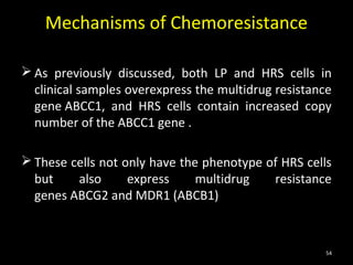 Mechanisms of Chemoresistance

 As previously discussed, both LP and HRS cells in
  clinical samples overexpress the multidrug resistance
  gene ABCC1, and HRS cells contain increased copy
  number of the ABCC1 gene .

 These cells not only have the phenotype of HRS cells
  but    also      express     multidrug   resistance
  genes ABCG2 and MDR1 (ABCB1)



                                                     54
 