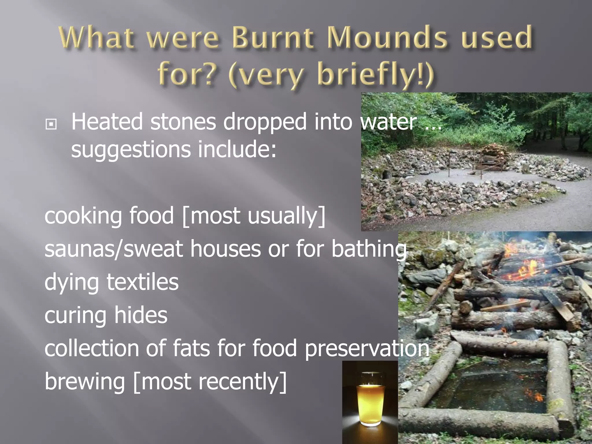    Heated stones dropped into water …
    suggestions include:

cooking food [most usually]
saunas/sweat houses or for bathing
dying textiles
curing hides
collection of fats for food preservation
brewing [most recently]
 