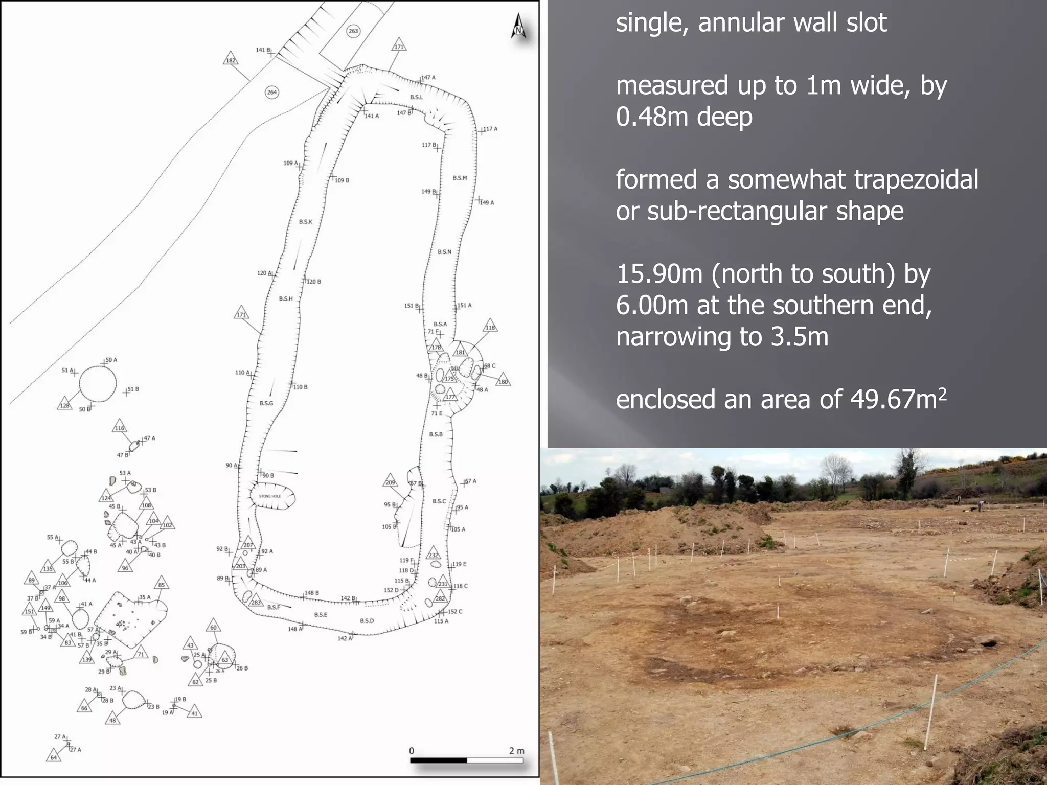 single, annular wall slot

measured up to 1m wide, by
0.48m deep

formed a somewhat trapezoidal
or sub-rectangular shape

15.90m (north to south) by
6.00m at the southern end,
narrowing to 3.5m

enclosed an area of 49.67m2
 