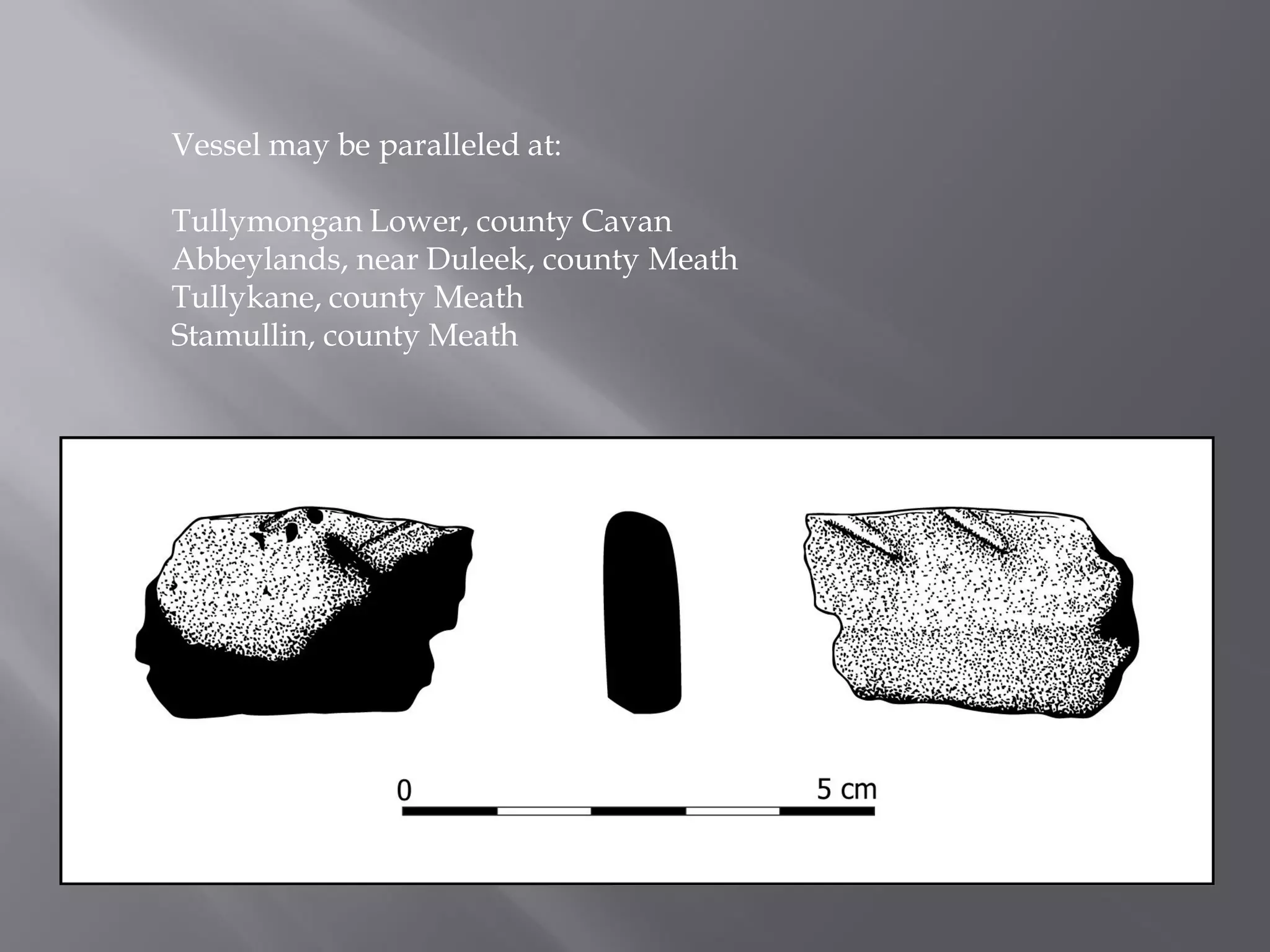 Vessel may be paralleled at:

Tullymongan Lower, county Cavan
Abbeylands, near Duleek, county Meath
Tullykane, county Meath
Stamullin, county Meath
 