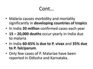 Cont…
• Malaria causes morbidity and mortality
significantly in developing countries of tropics
• In India 20 million confirmed cases each year
• 15 – 20,000 deaths occur yearly in India due
to malaria
• In India 60-65% is due to P. vivax and 35% due
to P. falciparum.
• Only few cases of P. Malariae have been
reported in Odissha and Karnataka.
 