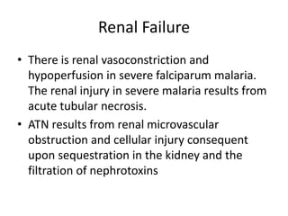 Renal Failure
• There is renal vasoconstriction and
hypoperfusion in severe falciparum malaria.
The renal injury in severe malaria results from
acute tubular necrosis.
• ATN results from renal microvascular
obstruction and cellular injury consequent
upon sequestration in the kidney and the
filtration of nephrotoxins
 