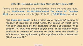 SN Panigrahi 24
20% ITC Restriction under Rule 36(4) of CGST Rules, 2017
Among all the confusions and complexities, here we have one more,
by the Notification No.49/2019-Central Tax dated 9th October
2019 which inserts a sub rule (4) in Rule 36 of CGST Rules as below:
“(4) Input tax credit to be availed by a registered person in
respect of invoices or debit notes, the details of which have
not been uploaded by the suppliers under sub-section (1) of
section 37, shall not exceed 20 per cent. of the eligible credit
available in respect of invoices or debit notes the details of
which have been uploaded by the suppliers under sub-section
(1) of section 37.”
 