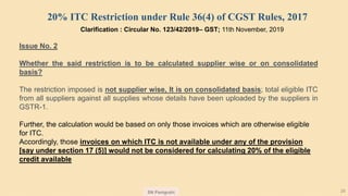 SN Panigrahi 26
Issue No. 2
Whether the said restriction is to be calculated supplier wise or on consolidated
basis?
The restriction imposed is not supplier wise, It is on consolidated basis; total eligible ITC
from all suppliers against all supplies whose details have been uploaded by the suppliers in
GSTR-1.
Further, the calculation would be based on only those invoices which are otherwise eligible
for ITC.
Accordingly, those invoices on which ITC is not available under any of the provision
[say under section 17 (5)] would not be considered for calculating 20% of the eligible
credit available
Clarification : Circular No. 123/42/2019– GST; 11th November, 2019
20% ITC Restriction under Rule 36(4) of CGST Rules, 2017
 