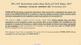 SN Panigrahi 27
Clarification : Circular No. 123/42/2019– GST; 11th November, 2019
20% ITC Restriction under Rule 36(4) of CGST Rules, 2017
FORM GSTR-2A being a dynamic document, How much ITC a registered tax payer can
avail in his FORM GSTR-3B in a month in case the details of some of the invoices have
not been uploaded by the suppliers under sub-section (1) of section 37.
The amount of ITC in respect of the invoices / debit notes whose details have not been
uploaded by the suppliers shall not exceed 20% of the eligible ITC available to the
recipient in respect of invoices or debit notes the details of which have been uploaded
by the suppliers under sub-section (1) of section 37 as on the due date of FORM GSTR-
1 of the suppliers for the said tax period.
The taxpayer may have to ascertain the same from his auto populated FORM GSTR 2A as
available on the due date of FORM GSTR-1.
 