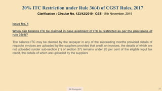 SN Panigrahi 29
Clarification : Circular No. 123/42/2019– GST; 11th November, 2019
20% ITC Restriction under Rule 36(4) of CGST Rules, 2017
Issue No. 4
When can balance ITC be claimed in case availment of ITC is restricted as per the provisions of
rule 36(4)?
The balance ITC may be claimed by the taxpayer in any of the succeeding months provided details of
requisite invoices are uploaded by the suppliers provided that credit on invoices, the details of which are
not uploaded (under sub-section (1) of section 37) remains under 20 per cent of the eligible input tax
credit, the details of which are uploaded by the suppliers
 