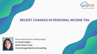 A Modern Communications Company
RECENT CHANGES IN PERSONAL INCOME TAX
01
Know more from our industry expert
CA Sneha Halder
Head- Direct Taxes
Greenvissage Business Consulting
 