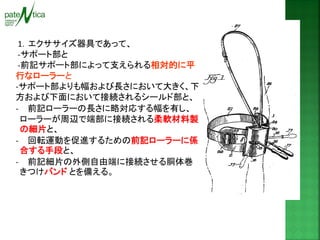 1．エクササイズ器具であって、 -サポート部と -前記サポート部によって支えられる相対的に平 行なローラーと -サポート部よりも幅および長さにおいて大きく、下 方および下面において接続されるシールド部と、 
-前記ローラーの長さに略対応する幅を有し、 ローラーが周辺で端部に接続される柔軟材料製 の細片と、 
-回転運動を促進するための前記ローラーに係 合する手段と、 
-前記細片の外側自由端に接続させる胴体巻 きつけバンド とを備える。  