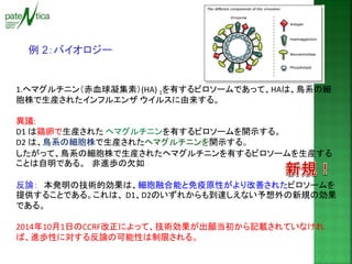 1.ヘマグルチニン（赤血球凝集素）(HA) 1を有するビロソームであって、HAは、鳥系の細 胞株で生産されたインフルエンザ ウイルスに由来する。 
異議: 
D1 は鶏卵で生産された ヘマグルチニンを有するビロソームを開示する。 
D2 は、鳥系の細胞株で生産されたヘマグルチニンを開示する。 
したがって、鳥系の細胞株で生産されたヘマグルチニンを有するビロソームを生産する ことは自明である。 非進歩の欠如 
反論： 本発明の技術的効果は、細胞融合能と免疫原性がより改善されたビロソームを 提供することである。これは、 D1、D2のいずれからも到達しえない予想外の新規の効果 である。 
2014年10月1日のCCRF改正によって、技術効果が出願当初から記載されていなけれ ば、進歩性に対する反論の可能性は制限される。 
例 2：バイオロジー  