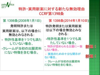 特許・実用新案に対する新たな無効理由 
CCRF第1398条 
第 1398条(2008年1月1日) 
第 1398条(2014年1月10日) 
発明特許または 
実用新案は、以下の場合に 無効とみなされる： 
- 特許性基準を１つでも満た していない場合、 
-クレームが当初の出願資料 にない特徴を含む場合。 
特許発明または実用新案 は以下の場合無効とみな される： 
-特許性基準を１つでも満 たしていない場合、 
- 特許が認められる主題に一致 しない場合、 
- 実施のための十分な開示が ない場合、 
- クレームが当初の出願資料 にない特徴を含む場合。  