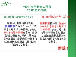 特許・実用新案の侵害 
CCRF 第1358条 
第1358条 (2008年1月1日) 
第1358条(2014年10月1日) 
製品が、発明特許または 
実用新案の独立クレームに示 唆されるすべての特徴、または それと均等の特徴を含み、当該 発明の優先日より前に周知と なった場合、当該発明特許また は実用新案は製品に使用され たとみなされる。 
実用新案特許は、独立ク レームに示唆されるすべ ての特徴、またはそれと 均等の特徴を含む場合 に、当該実用新案特許が 製品に使用されたとみな される。  