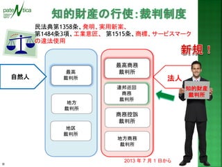 2013 年 7 月 1 日から 
® 
民法典第1358条、発明、実用新案、 
第1484条3項、工業意匠、 第1515条、商標、サービスマーク 
の違法使用 
自然人 
最高 
裁判所 
地方 
裁判所 
地区 
裁判所 
地方商務 
裁判所 
商務控訴 
裁判所 
連邦巡回 
商務 
裁判所 
最高商務 
裁判所 
法人 
知的財産 
裁判所 
 