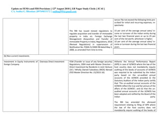 Update on FEMA and FDI Provisions || 12th August 2018 || J.B Nagar Study Circle || ICAI ||
CA. Sudha G. Bhushan ||09769033172 || sudhag999@gmail.com
--------------------------------------------------
The RBI has issued revised regulations to
regulate acquisition and transfer of immovable
property in India viz. Foreign Exchange
Management (Acquisition and Transfer of
Immovable Property in India), Regulations, 2018
(Revised Regulations) in supersession of
Notification No. FEMA 21/2000-RB dated May 3,
2000, as amended from time to time.
tances 8
do not exceed the following limits pre-
scribed for initial and recurring expenses, re-
spectively:
a. 15 per cent of the average annual sales/ in-
come or turnover of the Indian entity during
the last two financial years or up to 25 per
cent of the net worth, whichever is higher;
b. 10 per cent of the average annual sales/ in-
come or turnover during the last two financial
years.
(b) Non-current investments
Investment in Equity Instruments of
foreign Company
Overseas Direct investment FEM (Transfer or issue of any foreign security)
Regulations, 2004 read with Master Direction –
Direct Investment by Residents in Joint Venture
(JV) / Wholly Owned Subsidiary (WOS) Abroad
(FED Master Direction No. 15/2015-16)
Hitherto the Annual Performance Report
(APR) in case of JV/WOS where the law of the
host country does not mandatorily require
auditing of the books of accounts of JV/WOS
was required to be submitted by the Indian
party based on the un-audited annual
accounts of the JV/WOS provided (i) the
Statutory Auditors of the Indian party certify
that ‘The un-audited annual accounts of the
JV/WOS reflect the true and fair picture of the
affairs of the JV/WOS’; and (ii) that the un-
audited annual accounts of the JV/WOS has
been adopted and ratified by the Board of the
Indian party.
The RBI has amended the aforesaid
requirement relating to filing of APR where
the law of the host country does not
mandatorily require auditing of the books of
 
