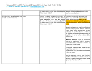 Update on FEMA and FDI Provisions || 12th August 2018 || J.B Nagar Study Circle || ICAI ||
CA. Sudha G. Bhushan ||09769033172 || sudhag999@gmail.com
18 (RBI/FED/2017-18/60) and Consolidated FDI
Policy Circular of 2017
amount (including share premium, if any),
shall be received upfront.
(c) Equity Share capital (issued by way
of Right issue/Bonus shares)
Equity Foreign Exchange Management (Transfer or
Issue of Security by a Person Resident Outside
India) Regulations, 2017 read with Master
Direction – Foreign Investment in India 11/2017-
18 (RBI/FED/2017-18/60) and Consolidated FDI
Policy Circular of 2017
Provisions in relation to rights issue and
bonus issue are broadly similar to those
under Regulations, 2000 one of the key
changes is in relation to subscribing to shares
renounced in favor of person resident outside
India.
Extant Provision: Under Regulations, 2000 the
investee company could allot the additional
rights shares out of unsubscribed portion,
subject to the condition that the overall issue
of shares to non-residents in the total paid-up
capital of the company does not exceed the
sectoral cap.
Amended Provision: As per the explanation
inserted in Regulations, 2017, it has been
specified that the restriction in relation to
repatriation in case where
(a) original investment was made on non-
repatriation basis or
(b) the person was a resident in India when the
rights was issued,
shall be applicable even in case of person
resident outside India makes investment on
account of shares renounced in its favor by the
person to whom it was offered.
 
