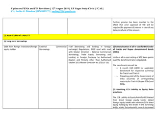 Update on FEMA and FDI Provisions || 12th August 2018 || J.B Nagar Study Circle || ICAI ||
CA. Sudha G. Bhushan ||09769033172 || sudhag999@gmail.com
Further, proviso has been inserted to the
effect that prior approval of RBI will be
required for payment of interest in case of any
delay in refund of the amount.
(3) NON- CURRENT LIABILITY
(a) Long-term borrowings
Debt from foreign institution/foreign
equity holder
External Commercial
Borrowings
FEM (Borrowing and lending in foreign
exchange) Regulations, 2000 read with read
with Master Direction - External Commercial
Borrowings, Trade Credit, Borrowing and
Lending in Foreign Currency by Authorised
Dealers and Persons other than Authorised
Dealers (FED Master Direction No.5/2015-16)
(i) Rationalisation of all-in-cost for ECB under
all tracks and Rupee denominated bonds
(RDBs)
Uniform all-in-cost ceiling of 450 basis points
over the benchmark rate is stipulated.
The benchmark rate will be
• 6 month USD LIBOR (or applicable
benchmark for respective currency)
for Track I and Track II
• Prevailing yield of the Government of
India securities of corresponding
maturity for Track III (Rupee ECBs) and
RDBs.
(ii) Revisiting ECB Liability to Equity Ratio
provisions
The ECB Liability to Equity Ratio for ECB raised
from direct foreign equity holder (direct
foreign equity holder with minimum 25% direct
equity holding by the lender in the borrowing
entity) under the automatic route is increased
 