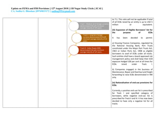 Update on FEMA and FDI Provisions || 12th August 2018 || J.B Nagar Study Circle || ICAI ||
CA. Sudha G. Bhushan ||09769033172 || sudhag999@gmail.com
to 7:1. This ratio will not be applicable if total
of all ECBs raised by an entity is up to USD 5
million or equivalent.
(iii) Expansion of Eligible Borrowers’ list for
the purpose of ECBs
It has been decided to permit:
a) Housing Finance Companies, regulated by
the National Housing Bank, Port Trusts
constituted under the Major Port Trusts Act,
1963 or Indian Ports Act, 1908 as eligible
borrowers to avail of ECBs under all tracks.
Such entities shall have a board approved risk
management policy and shall keep their ECB
exposure hedged 100 per cent at all times for
ECBs raised under Track I.
b) Companies engaged in the business of
Maintenance, Repair and Overhaul and freight
forwarding to raise ECBs denominated in INR
only.
(iv) Rationalisation of end-use provisions for
ECBs
Currently, a positive end-use list is prescribed
for Track I and specified category of
borrowers, while negative end-use list is
prescribed for Track II and III. It has now been
decided to have only a negative list for all
tracks.
Track I : Medium term foreign currency
denominated ECB with minimum
average maturity of 3/5 years.
Track II : Long term foreign
currency denominated ECB with
minimum average maturity of 10
years.
Track III : Indian Rupee (INR)
denominated ECB with minimum
average maturity of 3/5 years.
 