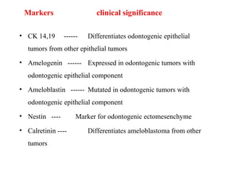 Markers clinical significance
• CK 14,19 ------ Differentiates odontogenic epithelial
tumors from other epithelial tumors
• Amelogenin ------ Expressed in odontogenic tumors with
odontogenic epithelial component
• Ameloblastin ------ Mutated in odontogenic tumors with
odontogenic epithelial component
• Nestin ---- Marker for odontogenic ectomesenchyme
• Calretinin ---- Differentiates ameloblastoma from other
tumors
 
