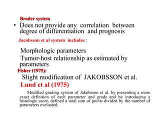 Broder systemBroder system
• Does not provide any correlation between
degree of differentiation and prognosis
Jacobsson et al system includes :
Morphologic parameters
Tumor-host relationship as estimated by
parameters
Fisher (1975):Fisher (1975):
Slight modification of JAKOBSSON et al.
Lund et al (1975)
Modified grading system of Jakobsson et al. by presenting a more
exact definition of each parameter and grade and by introducing a
histologic score, defined a total sum of points divided by the number of
parameters evaluated.
 
