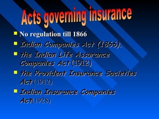  No regulation till 1866No regulation till 1866
 Indian Companies Act (1866).Indian Companies Act (1866).
 the Indian Life Assurancethe Indian Life Assurance
Companies ActCompanies Act (1912)(1912)
 the Provident Insurance Societiesthe Provident Insurance Societies
ActAct (1912)(1912)
 Indian Insurance CompaniesIndian Insurance Companies
ActAct(1928)(1928)
 
