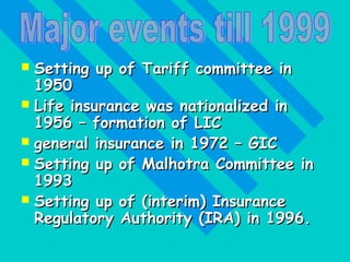  Setting up of Tariff committee inSetting up of Tariff committee in
19501950
 Life insurance was nationalized inLife insurance was nationalized in
1956 – formation of LIC1956 – formation of LIC
 general insurance in 1972 – GICgeneral insurance in 1972 – GIC
 Setting up of Malhotra Committee inSetting up of Malhotra Committee in
19931993
 Setting up of (interim) InsuranceSetting up of (interim) Insurance
Regulatory Authority (IRA) in 1996.Regulatory Authority (IRA) in 1996.
 
