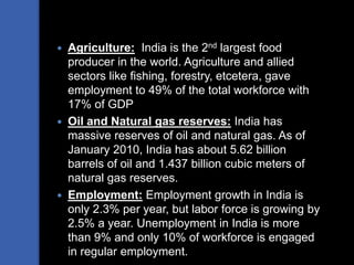 Agriculture: India is the 2nd largest food
producer in the world. Agriculture and allied
sectors like fishing, forestry, etcetera, gave
employment to 49% of the total workforce with
17% of GDP
 Oil and Natural gas reserves: India has
massive reserves of oil and natural gas. As of
January 2010, India has about 5.62 billion
barrels of oil and 1.437 billion cubic meters of
natural gas reserves.
 Employment: Employment growth in India is
only 2.3% per year, but labor force is growing by
2.5% a year. Unemployment in India is more
than 9% and only 10% of workforce is engaged
in regular employment.
 