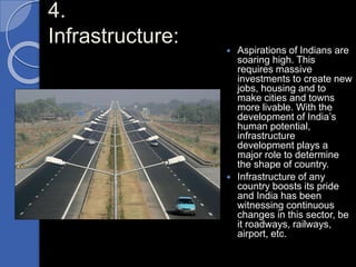 4.
Infrastructure:  Aspirations of Indians are
soaring high. This
requires massive
investments to create new
jobs, housing and to
make cities and towns
more livable. With the
development of India’s
human potential,
infrastructure
development plays a
major role to determine
the shape of country.
 Infrastructure of any
country boosts its pride
and India has been
witnessing continuous
changes in this sector, be
it roadways, railways,
airport, etc.
 