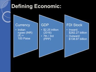 Defining Economic:
GDP
• $2.25 trillion
(2016)
• 7th / 3rd
(PPP)
Currency
• Indian
rupee (INR)
(₹) =
100 Paise
FDI Stock
• Inward:
$282.27 billion
• Outward:
$138.97 billion
 