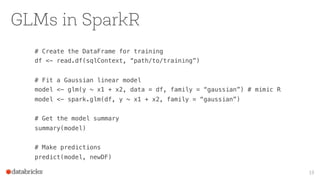 GLMs in SparkR
# Create the DataFrame for training
df <- read.df(sqlContext, “path/to/training”)
# Fit a Gaussian linear model
model <- glm(y ~ x1 + x2, data = df, family = “gaussian”) # mimic R
model <- spark.glm(df, y ~ x1 + x2, family = “gaussian”)
# Get the model summary
summary(model)
# Make predictions
predict(model, newDF)
19
 