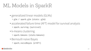 ML Models in SparkR
• generalized linear models (GLMs)
• glm / spark.glm (stats::glm)
• accelerated failure time (AFT) model for survival analysis
• spark.survreg (survival)
• k-means clustering
• spark.kmeans (stats:kmeans)
• Bernoulli naive Bayes
• spark.naiveBayes (e1071)
24
 
