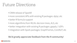 Future Directions
• CRAN release of SparkR
• more consistent APIs with existing R packages: dplyr, etc
• better R formula support
• more algorithms from MLlib: decision trees, ALS, etc
• better integration with existing R packages: gapply / UDFs
• integration with Spark packages: GraphFrames, CoreNLP, etc
We’d greatly appreciate feedback from the R community!
29
 