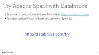 Try Apache Spark with Databricks
30
http://databricks.com/try
• Download a companion notebook of this talk at: http://dbricks.co/1rbujoD
• Try latest version of Apache Spark and preview of Spark 2.0
 