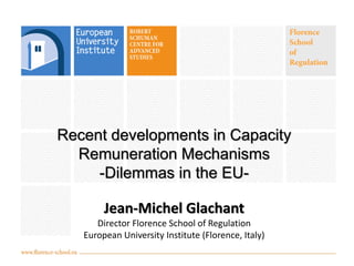 Recent developments in Capacity
Remuneration Mechanisms
-Dilemmas in the EU-

Jean-Michel Glachant
Director Florence School of Regulation
European University Institute (Florence, Italy)

 