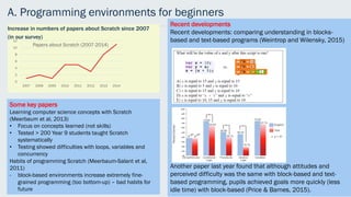 A. Programming environments for beginners
Increase in numbers of papers about Scratch since 2007
(in our survey)
0
2
4
6
8
10
12
2007 2008 2009 2010 2011 2012 2013 2014
Papers about Scratch (2007-2014)
Some key papers
Learning computer science concepts with Scratch
(Meerbaum et al, 2013)
• Focus on concepts learned (not skills)
• Tested > 200 Year 9 students taught Scratch
systematically
• Testing showed difficulties with loops, variables and
concurrency
Habits of programming Scratch (Meerbaum-Salant et al,
2011)
- block-based environments increase extremely fine-
grained programming (too bottom-up) – bad habits for
future
Recent developments
Recent developments: comparing understanding in blocks-
based and text-based programs (Weintrop and Wilensky, 2015)
Another paper last year found that although attitudes and
perceived difficulty was the same with block-based and text-
based programming, pupils achieved goals more quickly (less
idle time) with block-based (Price & Barnes, 2015).
 