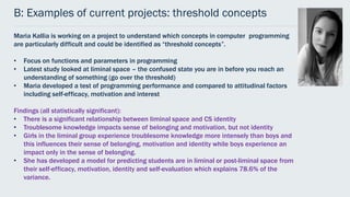 B: Examples of current projects: threshold concepts
Maria Kallia is working on a project to understand which concepts in computer programming
are particularly difficult and could be identified as “threshold concepts”.
• Focus on functions and parameters in programming
• Latest study looked at liminal space – the confused state you are in before you reach an
understanding of something (go over the threshold)
• Maria developed a test of programming performance and compared to attitudinal factors
including self-efficacy, motivation and interest
Findings (all statistically significant):
• There is a significant relationship between liminal space and CS identity
• Troublesome knowledge impacts sense of belonging and motivation, but not identity
• Girls in the liminal group experience troublesome knowledge more intensely than boys and
this influences their sense of belonging, motivation and identity while boys experience an
impact only in the sense of belonging.
• She has developed a model for predicting students are in liminal or post-liminal space from
their self-efficacy, motivation, identity and self-evaluation which explains 78.6% of the
variance.
 