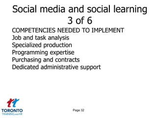 Page 30Social media and social learning  1 of 6TYPESOnline simulations Mobile learningSocial networks Podcasts Wikis Virtual worlds
