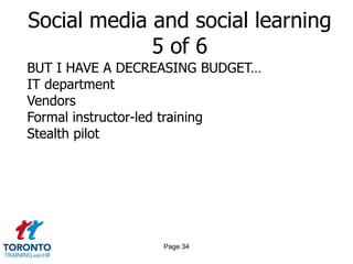 Page 32Social media and social learning 3 of 6COMPETENCIES NEEDED TO IMPLEMENTJob and task analysisSpecialized productionProgramming expertisePurchasing and contractsDedicated administrative support