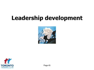 Page 43Making development work 1 of 2Development works best as a form of natural social learning, in small groups providing meaning to managers’ experiences.Development has to enable managers to become seriously reflective in the context of taking action.Companies and other organizations function most effectively as communities of human beings; development programs should be designed to enhance this.Middle managers are key to this as development can build their confidence and commitment alongside their capabilities, especially in being able to grow strategies from the middle out.