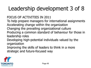 Page 46Leadership development 1 of 8GAPS IN LEADERSHIP SKILLSPerformance managementCoaching/mentoring/developing staffLeading people and people managementLeading and managing changeBusiness and commercial acumenCommunication/interpersonal skillsMotivational skillsTo prepare managers for leading across culturesInnovationTo help develop global business
