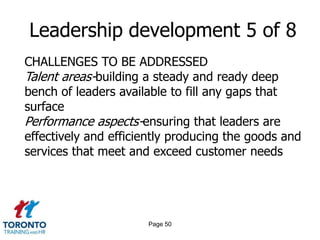 Page 48Leadership development 3 of 8FOCUS OF ACTIVITIES IN 2011To help prepare managers for international assignmentsAccelerating change within the organizationChanging the prevailing organizational cultureProducing a common standard of behaviour for those in leadership rolesDeveloping high-potential individuals valued by the organizationImproving the skills of leaders to think in a more strategic and future-focused way